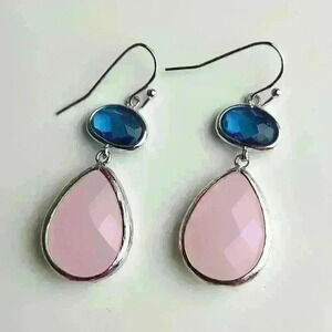 Pink rose quartz blue glass stones Silver tone earrings